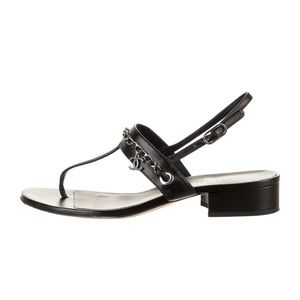 Authentic Chanel Interlocking CC Logo Leather T-Strap Sandals